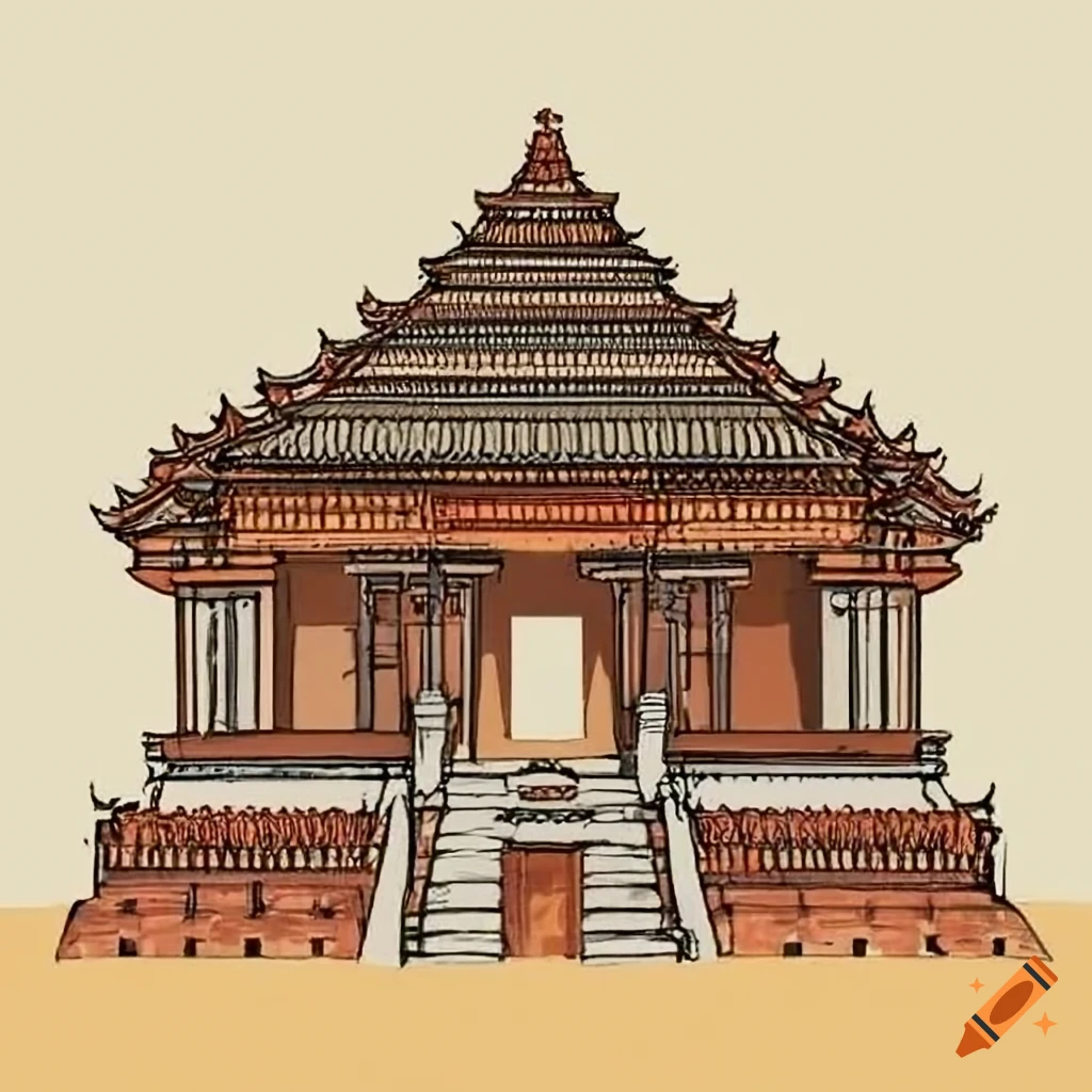 line drawing of a bantu-style temple facade