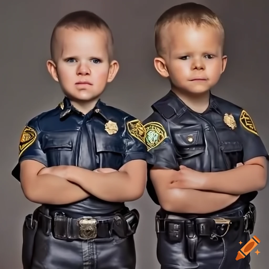 close-up of three toddler boys in California Highway Patrol uniform
