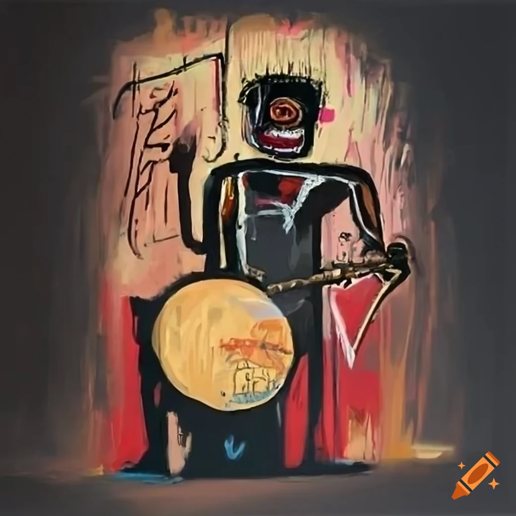 man playing drums with Basquiat symbols paintings