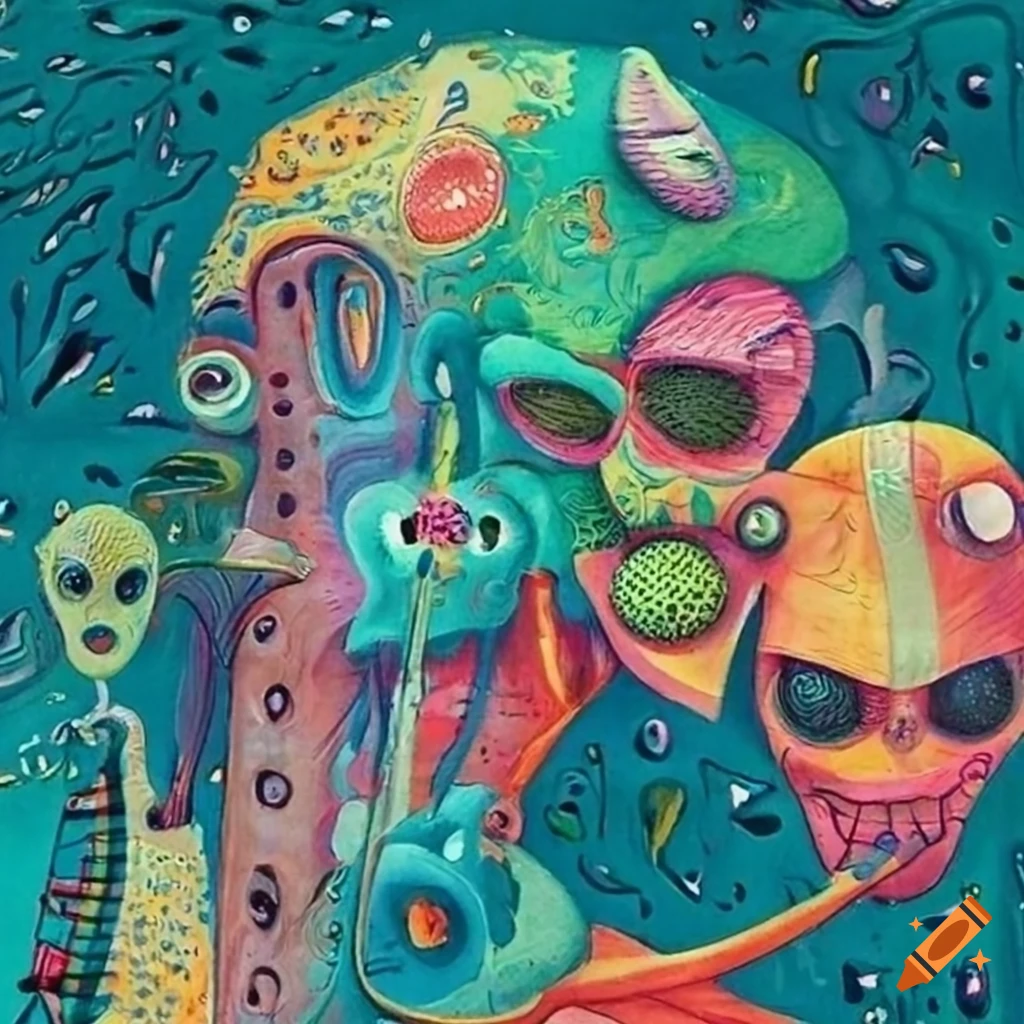 Surrealist drawing with various creatures and objects