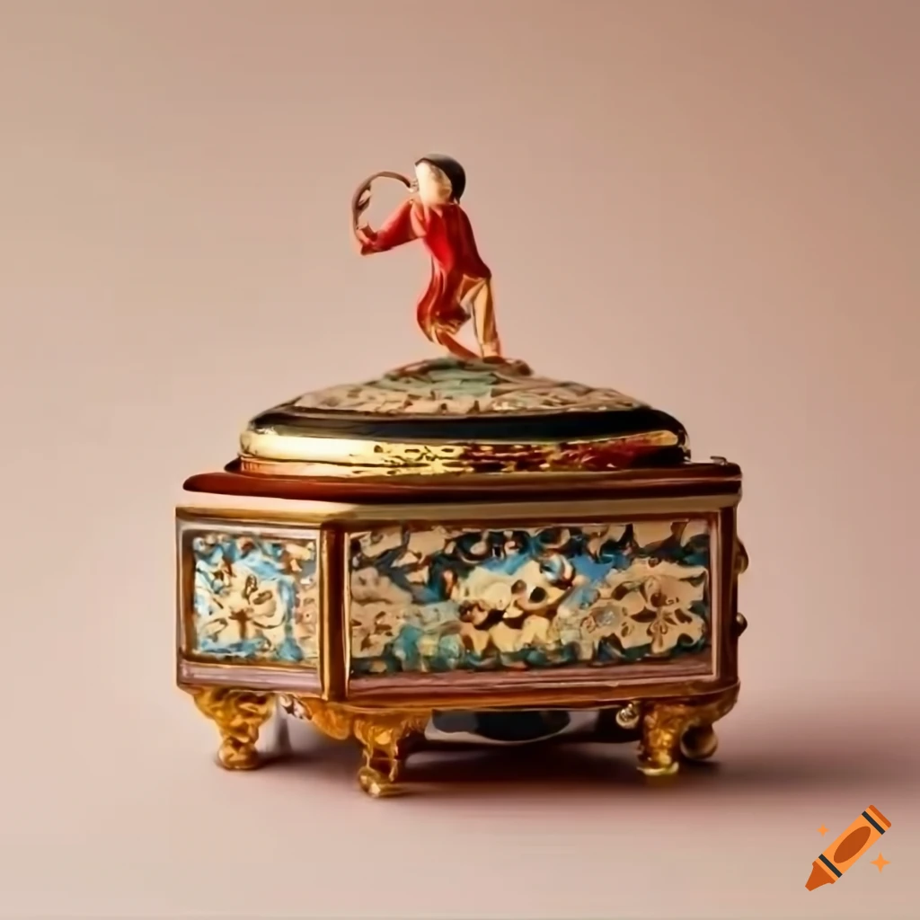 detailed closeup of an open oriental music box with a twirling figurine