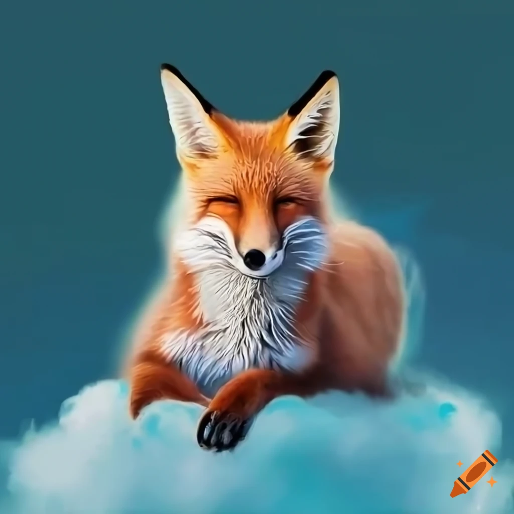 hyperrealistic artwork of a fox on a cloud