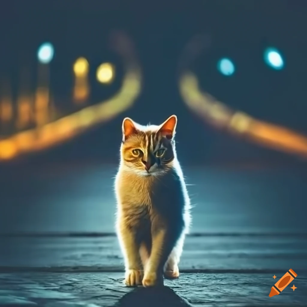 cat standing on a bridge at night