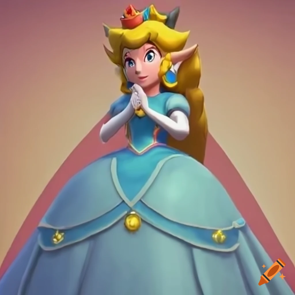 Princess Peach in a beautiful ballgown on a grand staircase