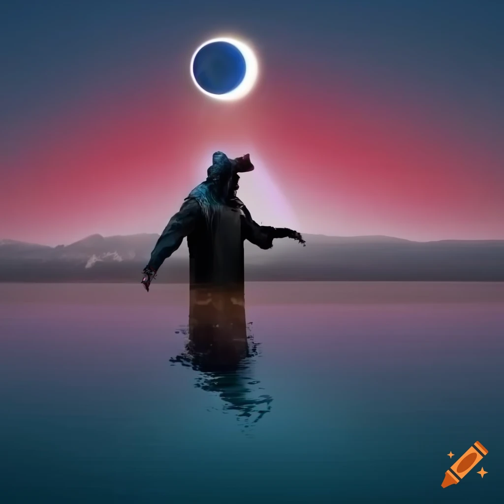 plague doctor hovering above a blood lake during a solar eclipse