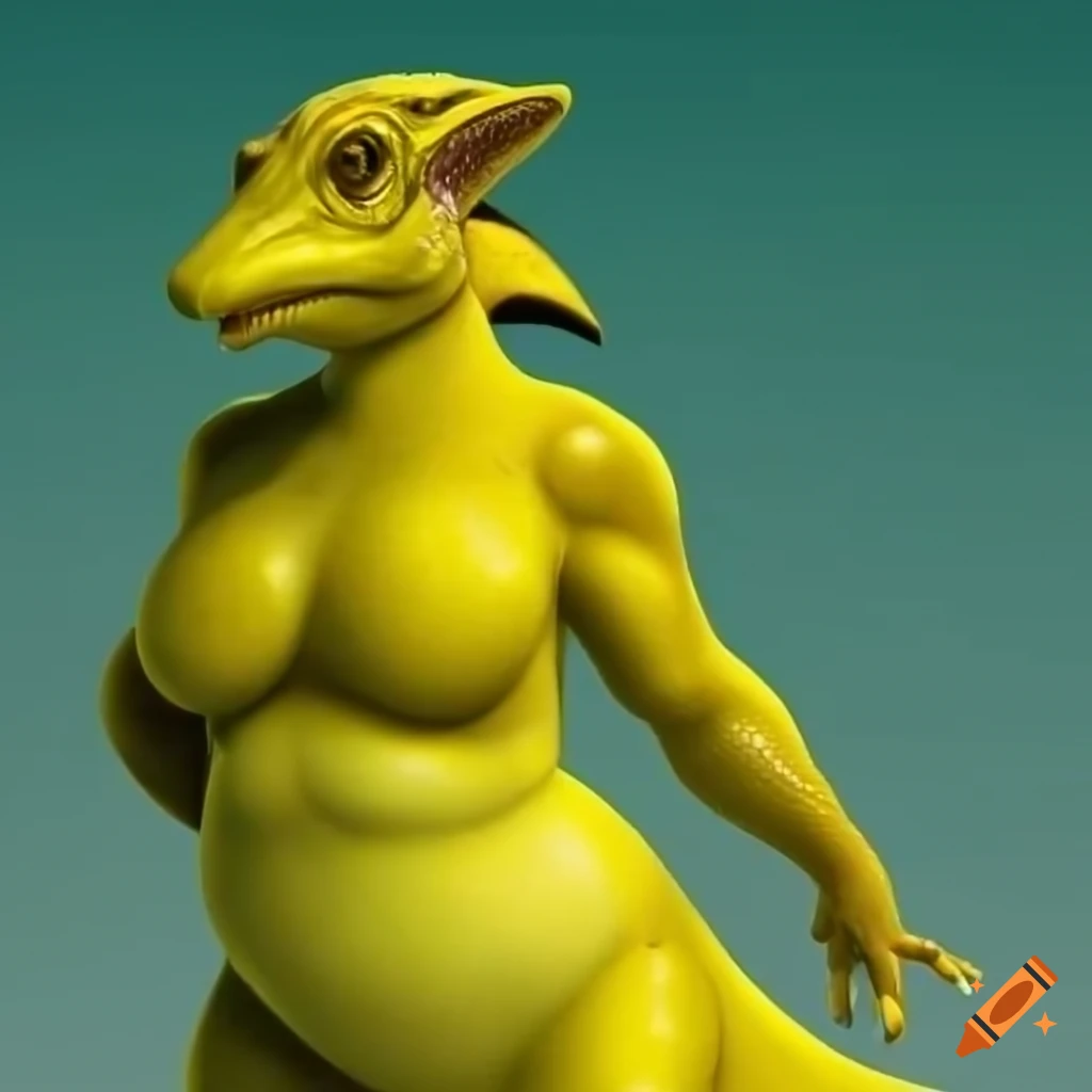 chubby yellow lizard woman with a short tail