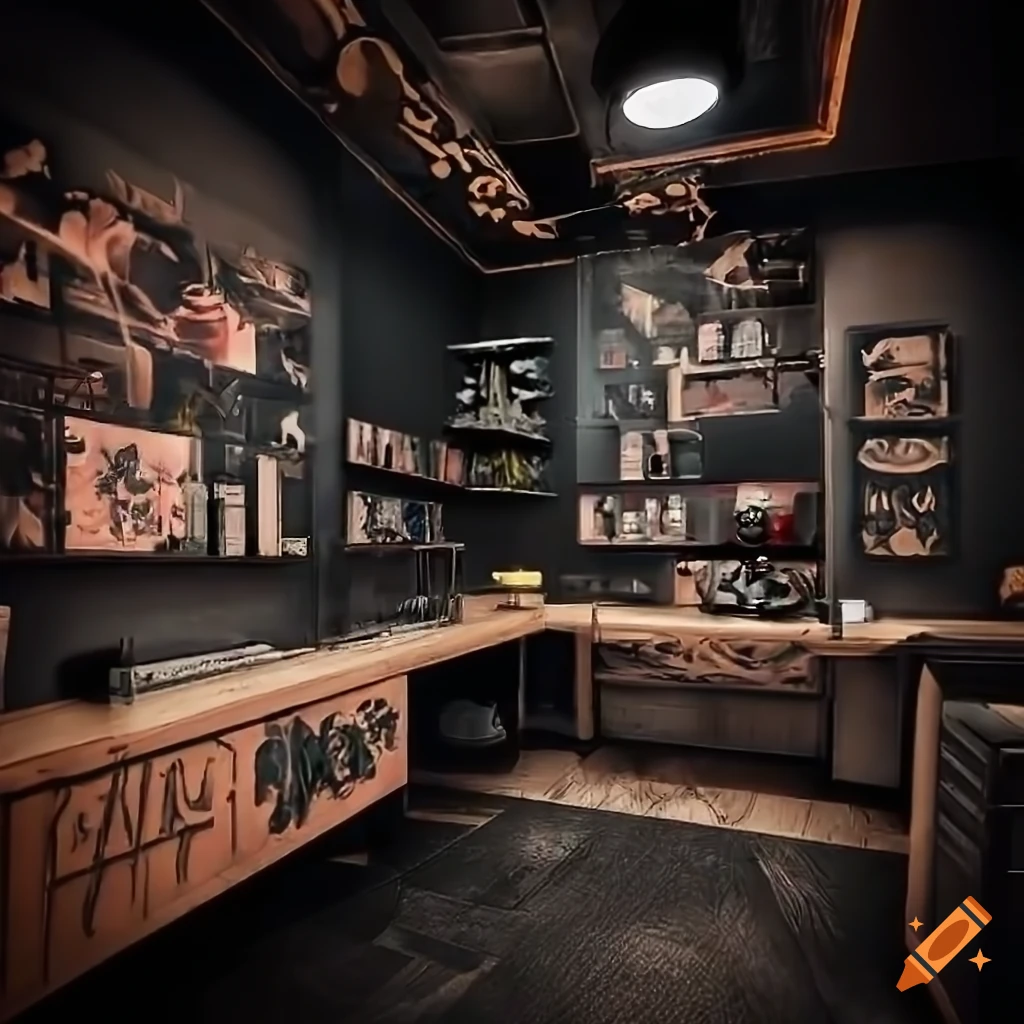 Hyperealistic depiction of a modern tattoo shop interior on Craiyon