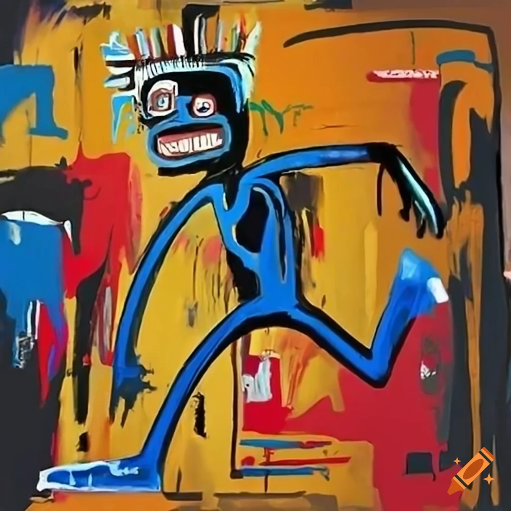 paintings of Basquiat symbols with a sprinting man