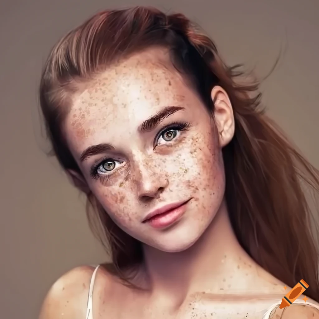Portrait of a beautiful young woman with freckles and brown hair on Craiyon