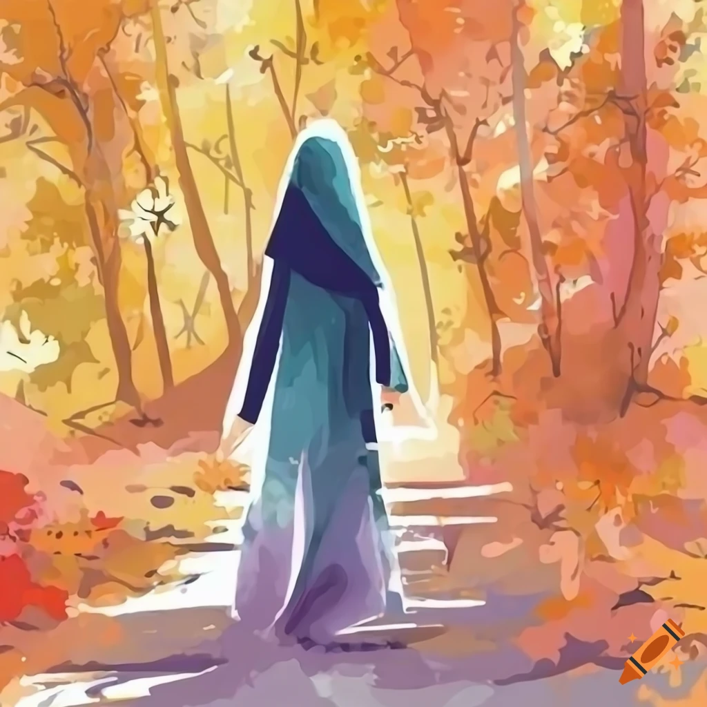 watercolor painting of a girl in hijab walking on an autumn road