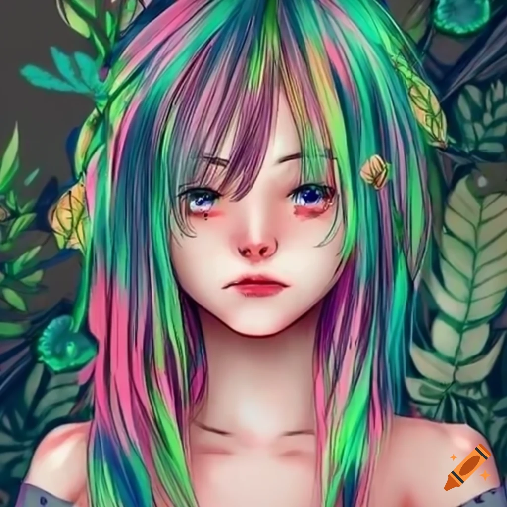 anime girl with hair made of plants