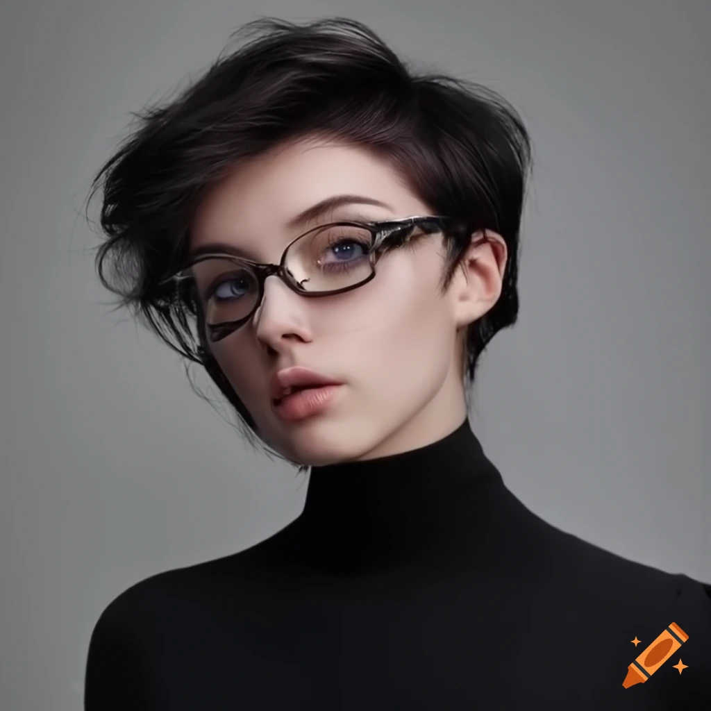 Cailee Spaeny with stylish pixie haircut and round eyeglasses