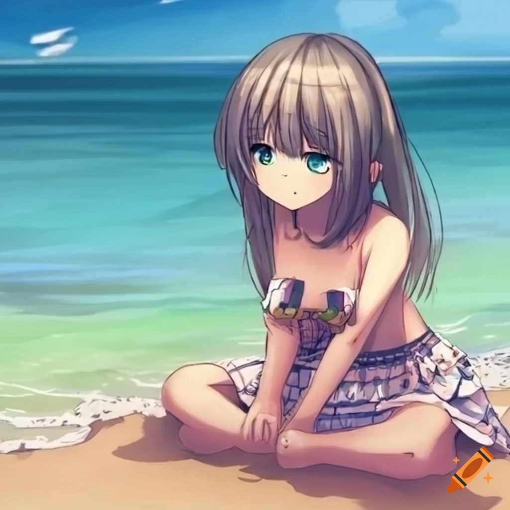 Anime,beach,lightskin,cute girl,blonde hair,blue bra,blue pantri 