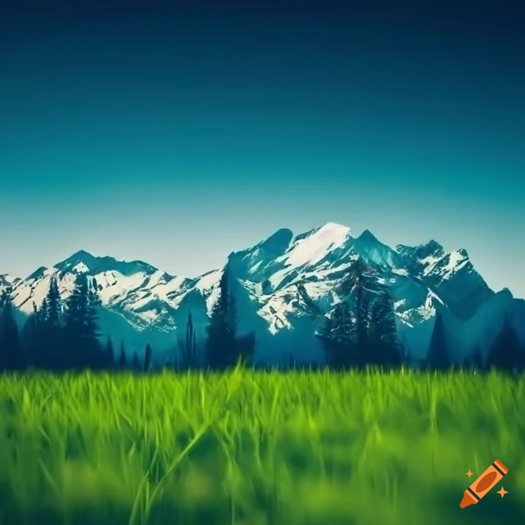 Snowy mountains with green grass under dark blue sky on Craiyon