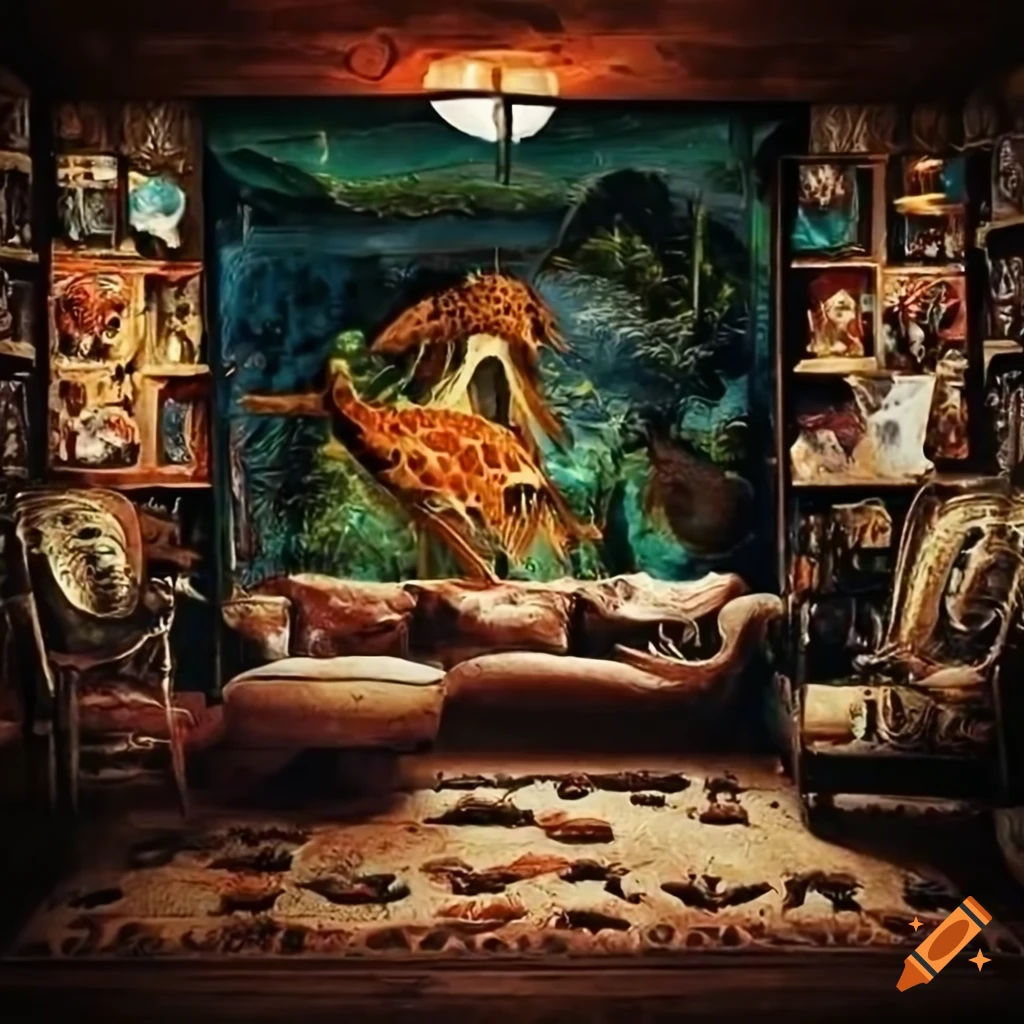 Punk living room with animal skulls, old wallpaper, lamp and aquarium