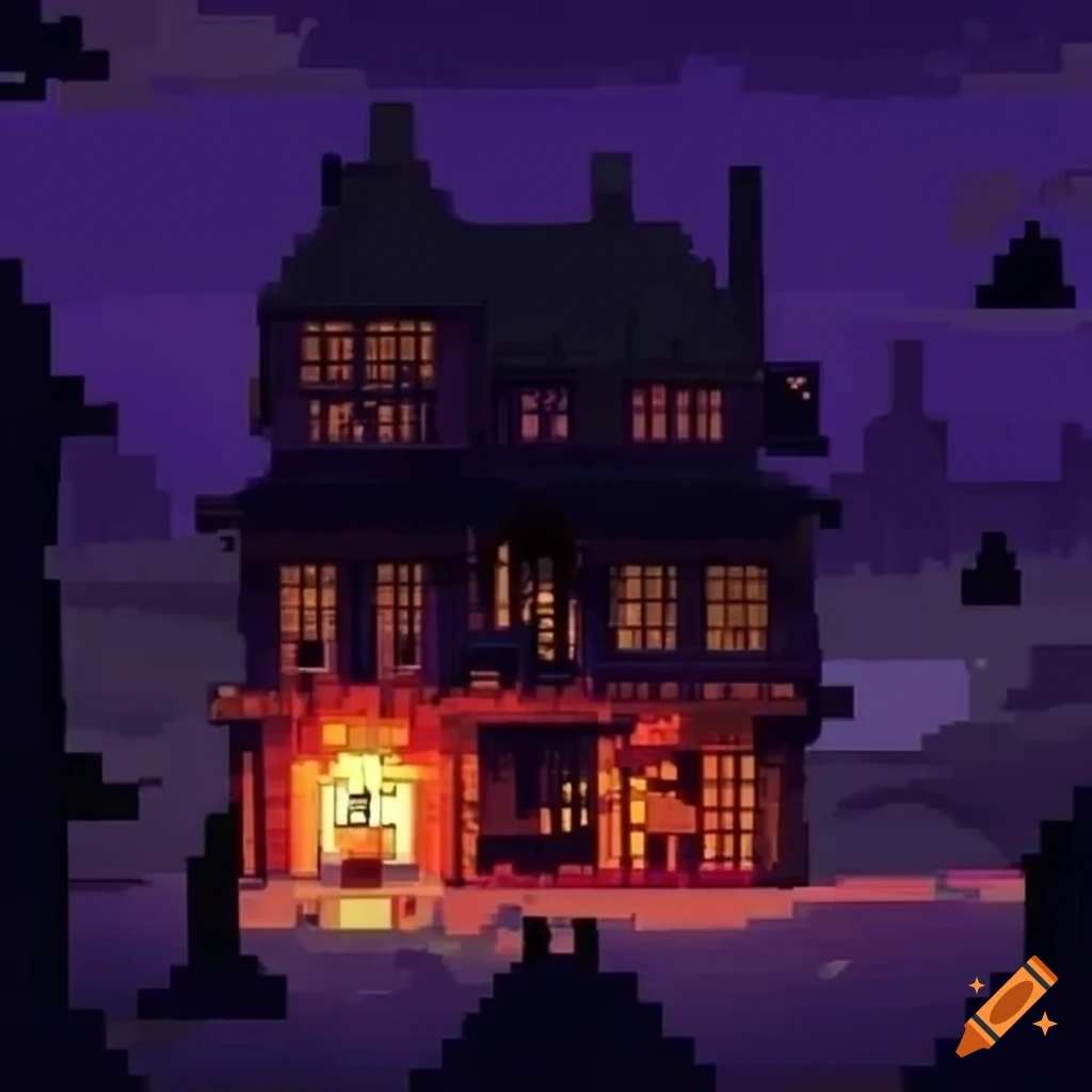 pixel art of a mansion party