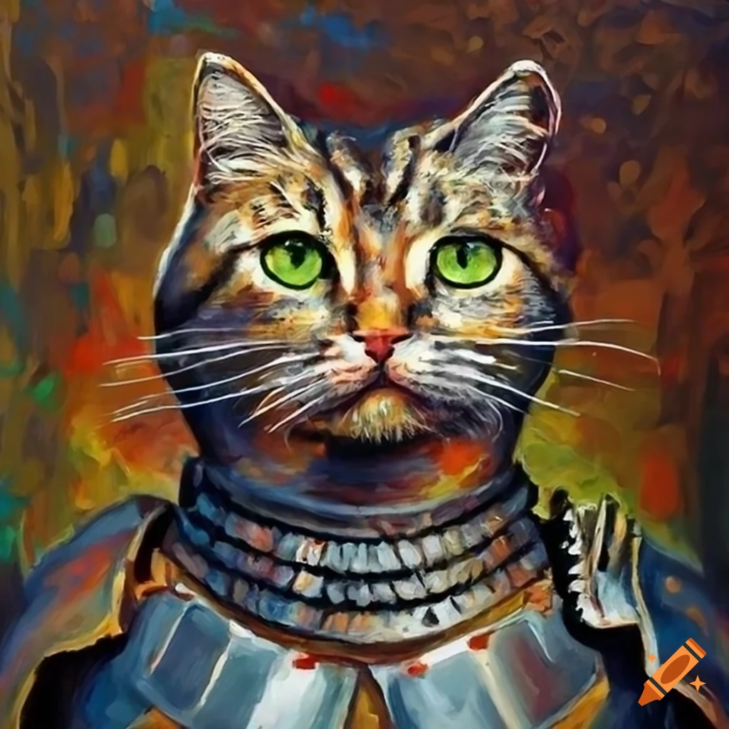 Canvas painting of a cat in medieval armor on Craiyon