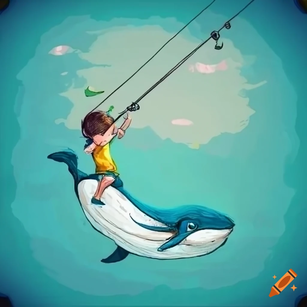 Illustration of a boy capturing a whale with a fishing rod on Craiyon