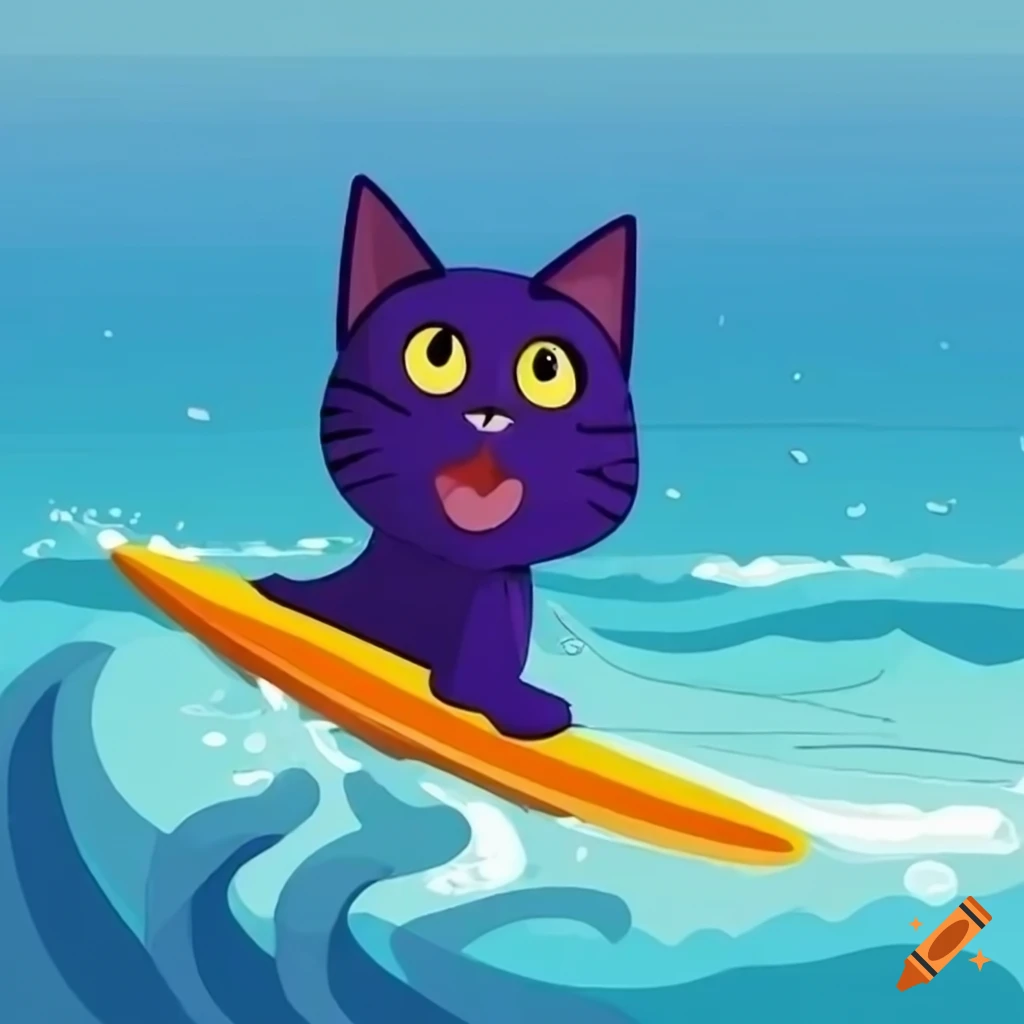 Cartoon cat surfing on the ocean