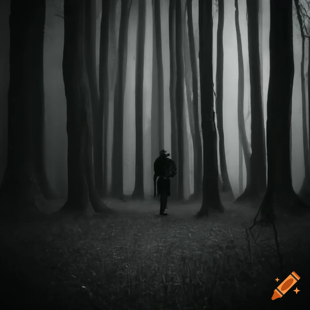 man standing in front of a house in a dark forest