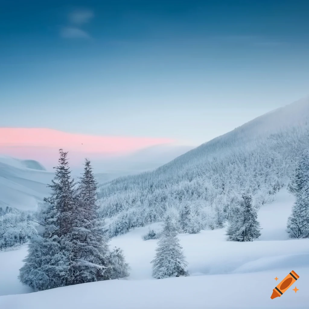 snow-covered hill with trees in foreground and background