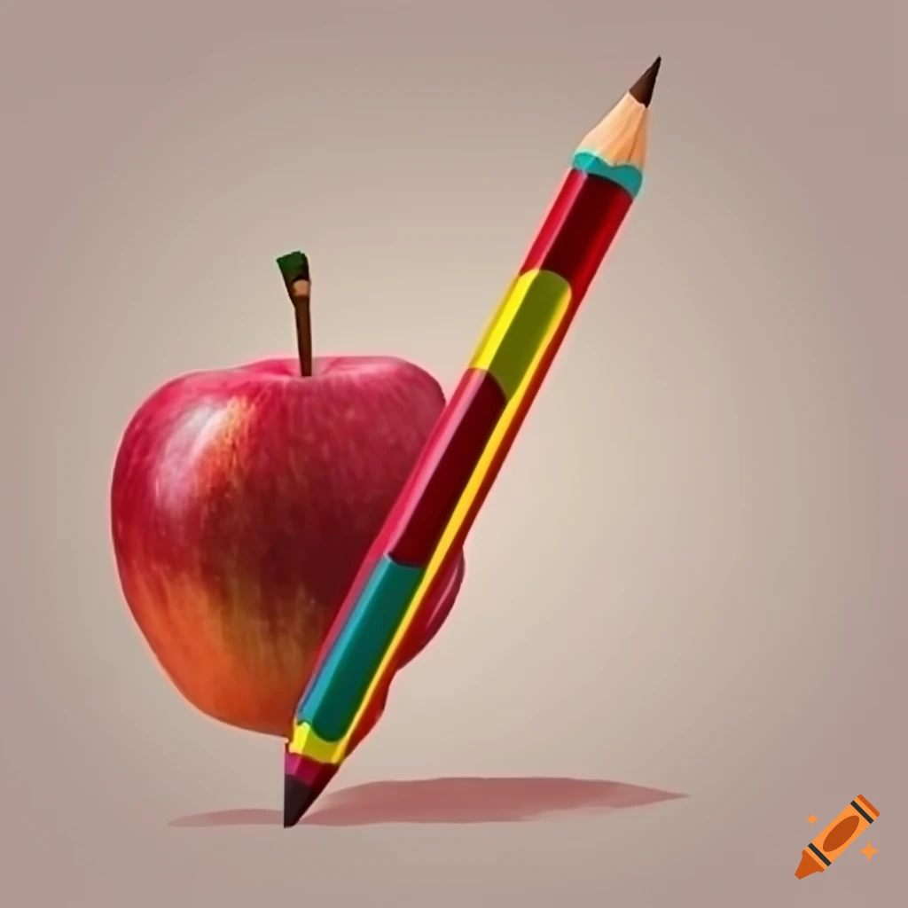 still life of a pencil and apple