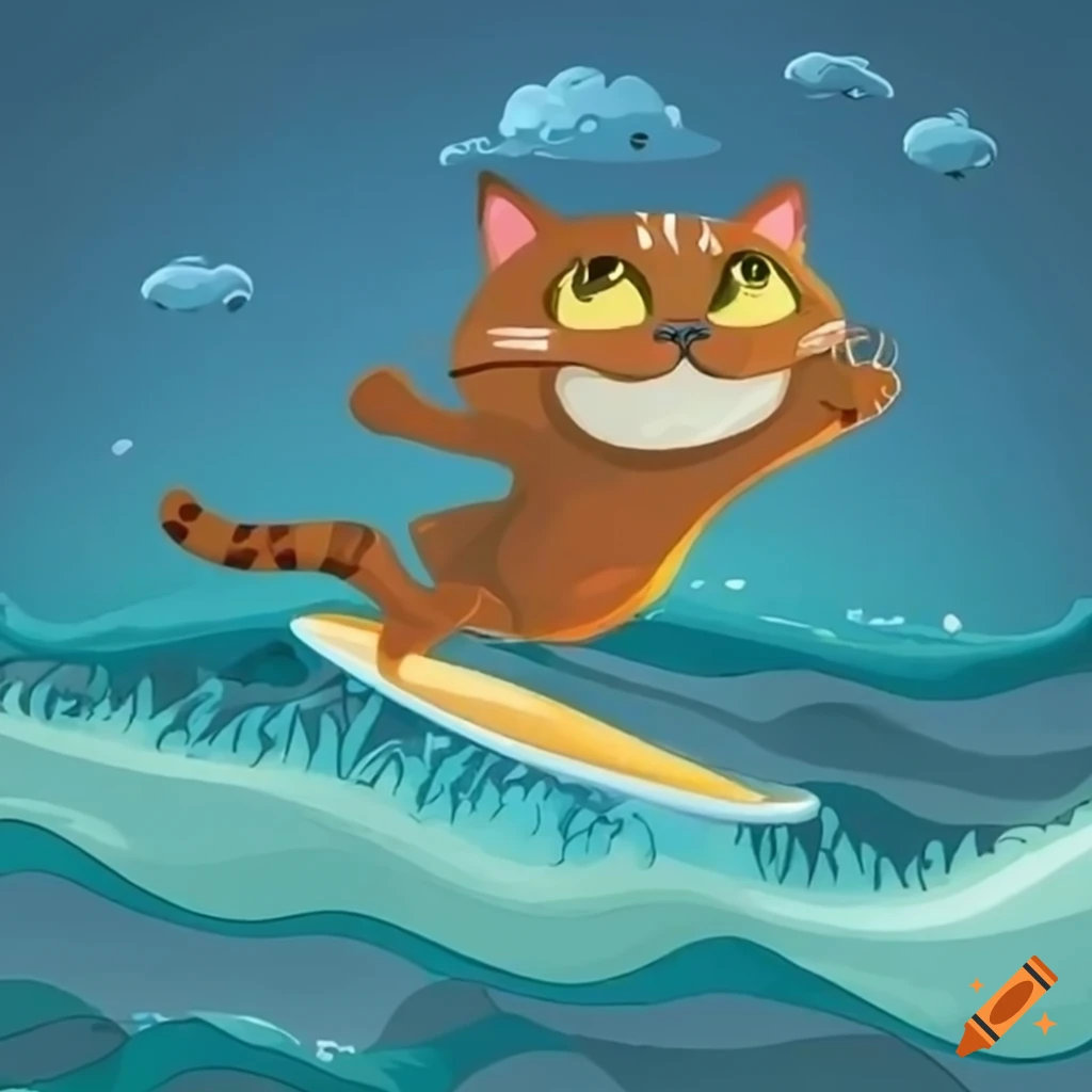 Cartoon cat surfing in the ocean on Craiyon
