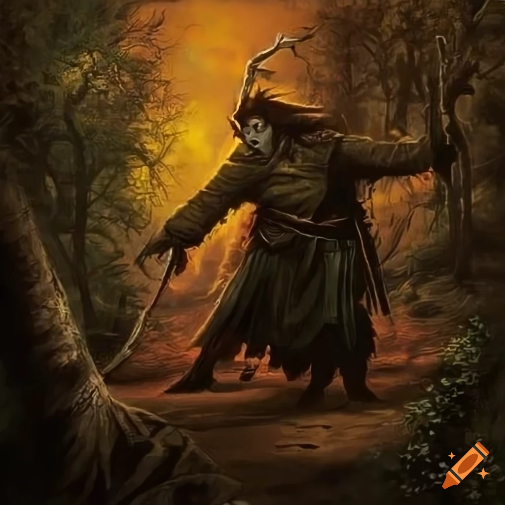 70s fantasy art of a hobbit farming with a scarecrow