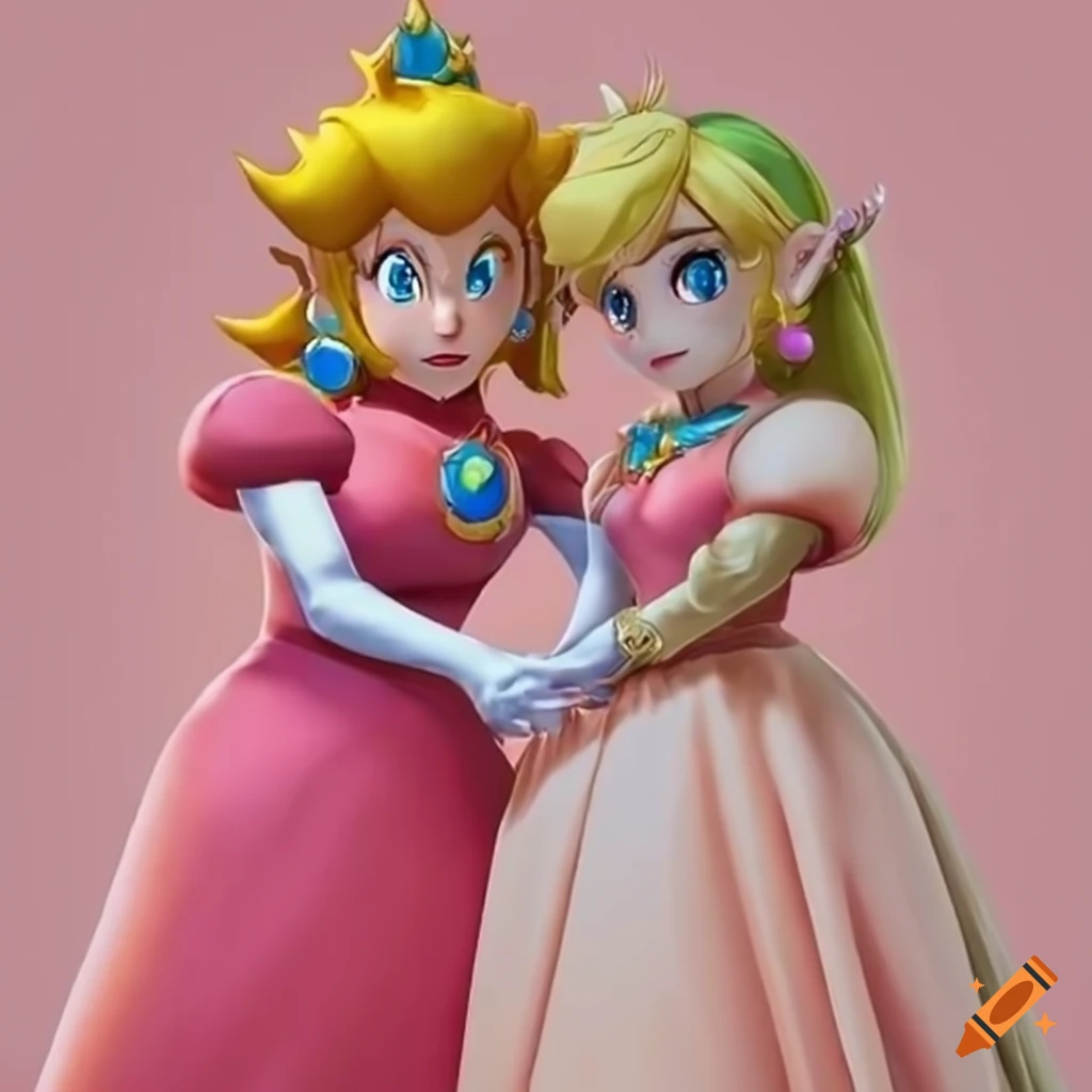 Princess peach and link posing together in pink silk ballgowns on Craiyon