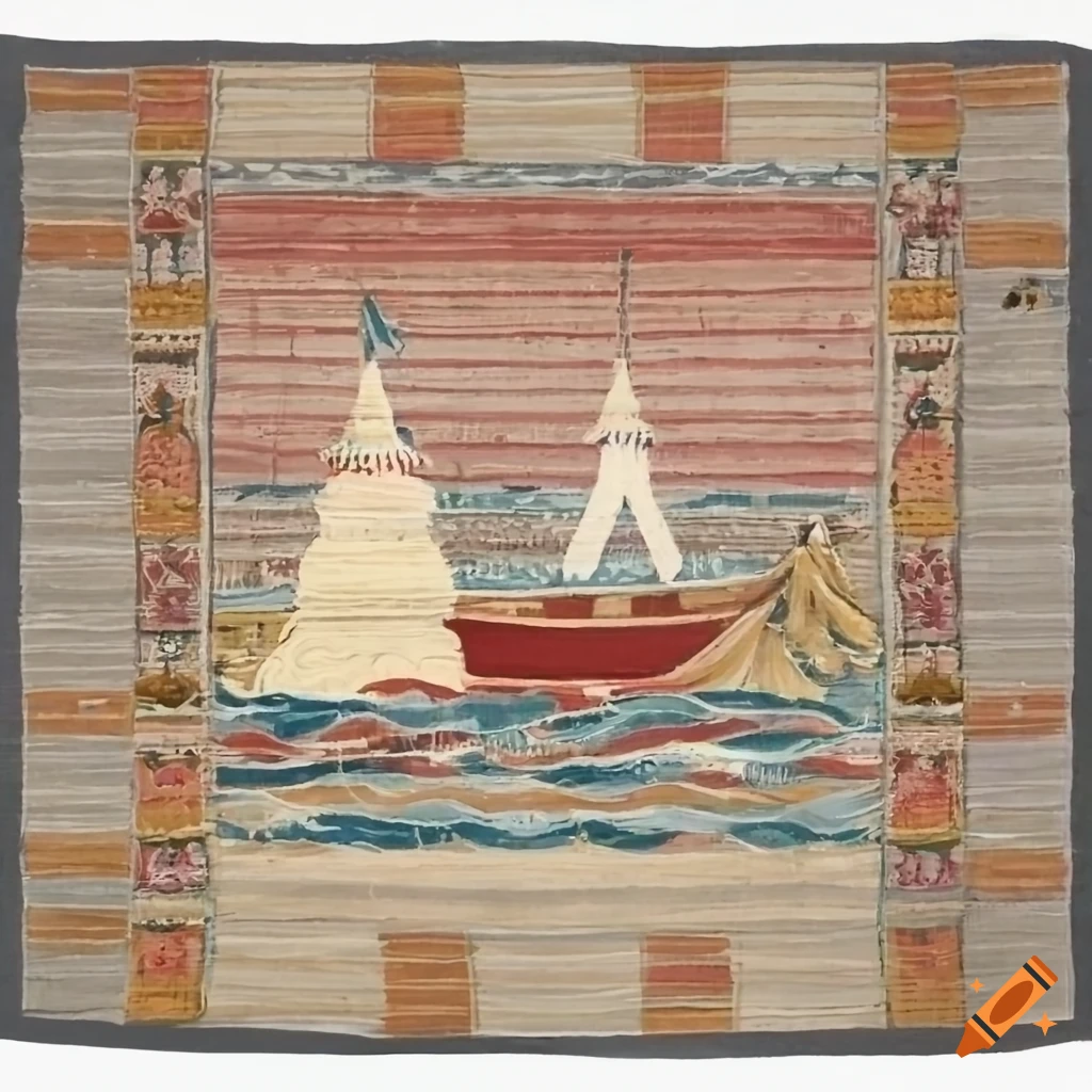 Agnes Martin style painting of a sandcastle and burning boat
