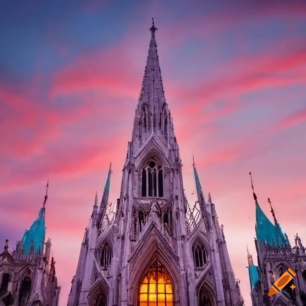Gothic cathedral against a pink sunset in a city skyline on Craiyon