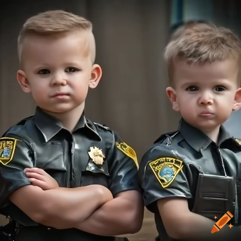 close-up of three toddler boys in California Highway Patrol uniform