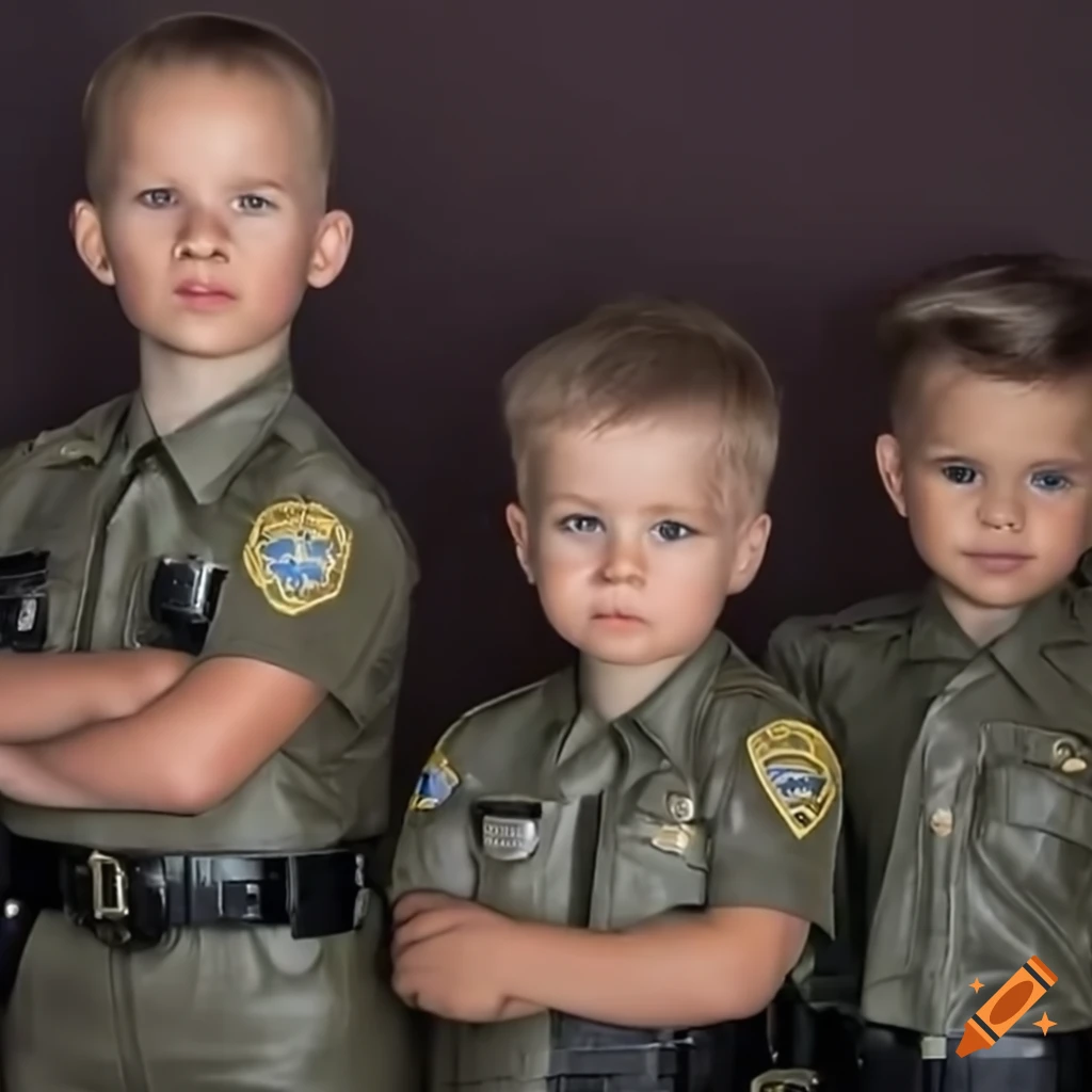 close-up of three toddler boys in California Highway Patrol uniform