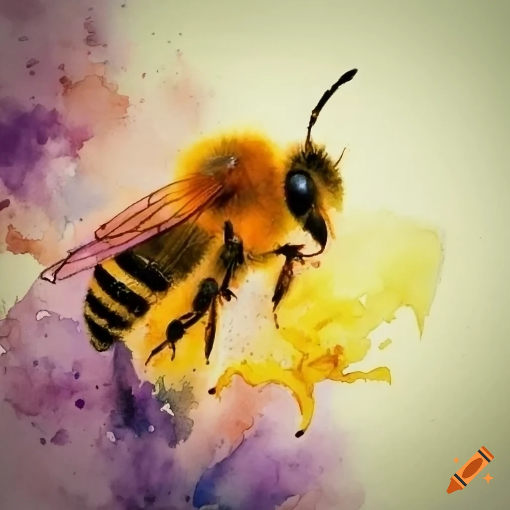 Watercolor painting of a bee on flowers