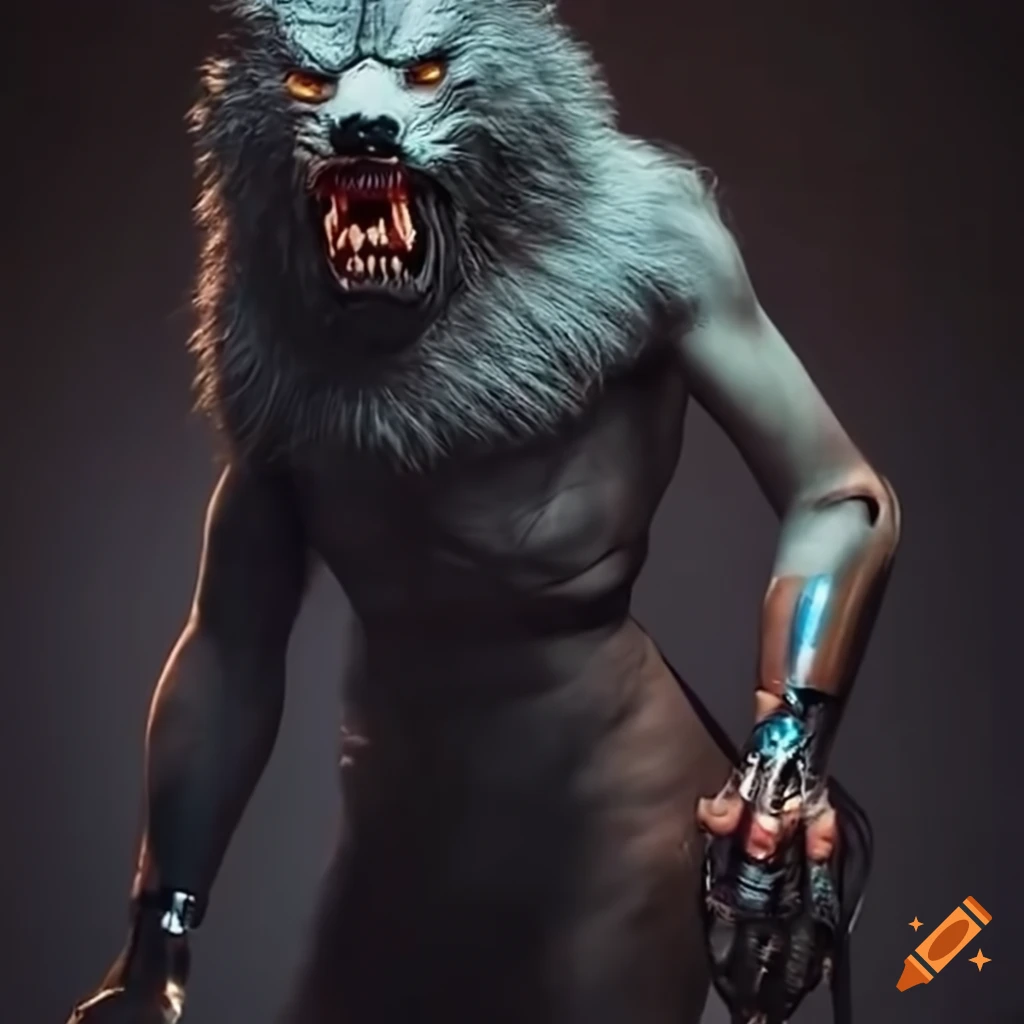 Digital art of a werewolf with a metal arm on Craiyon