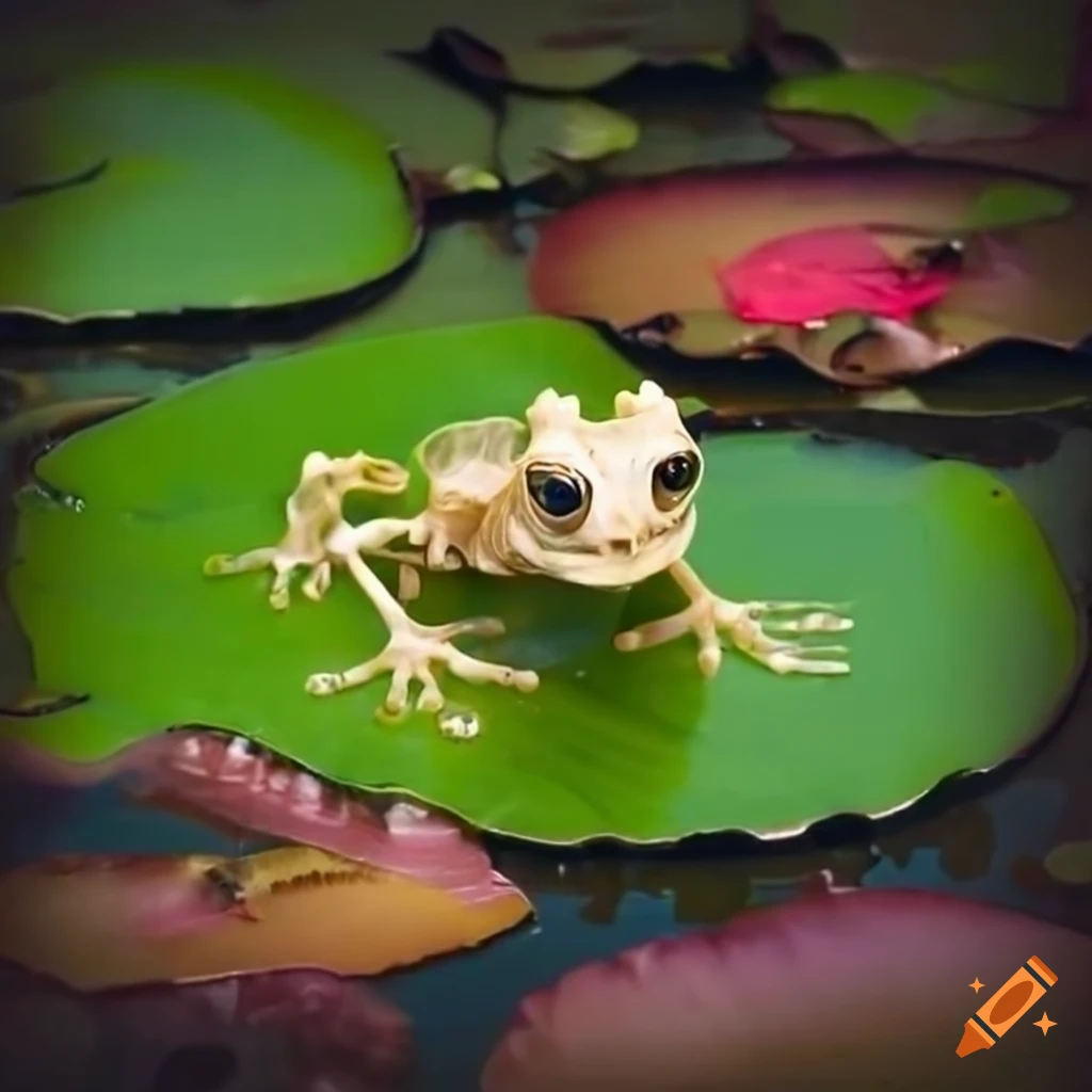 a calm looking frog sitting on water lilies on Craiyon