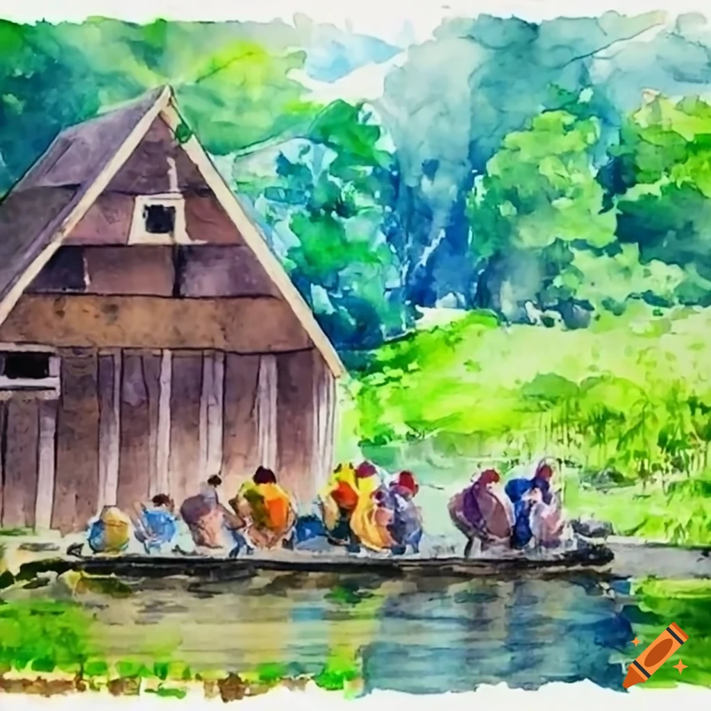 image of villagers working in a watermill