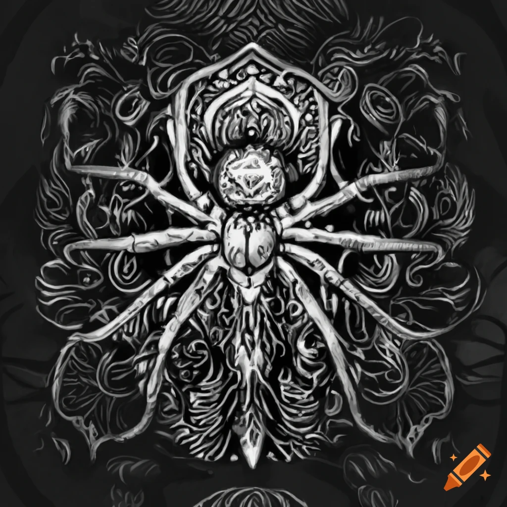 Black and white art nouveau spider illustration