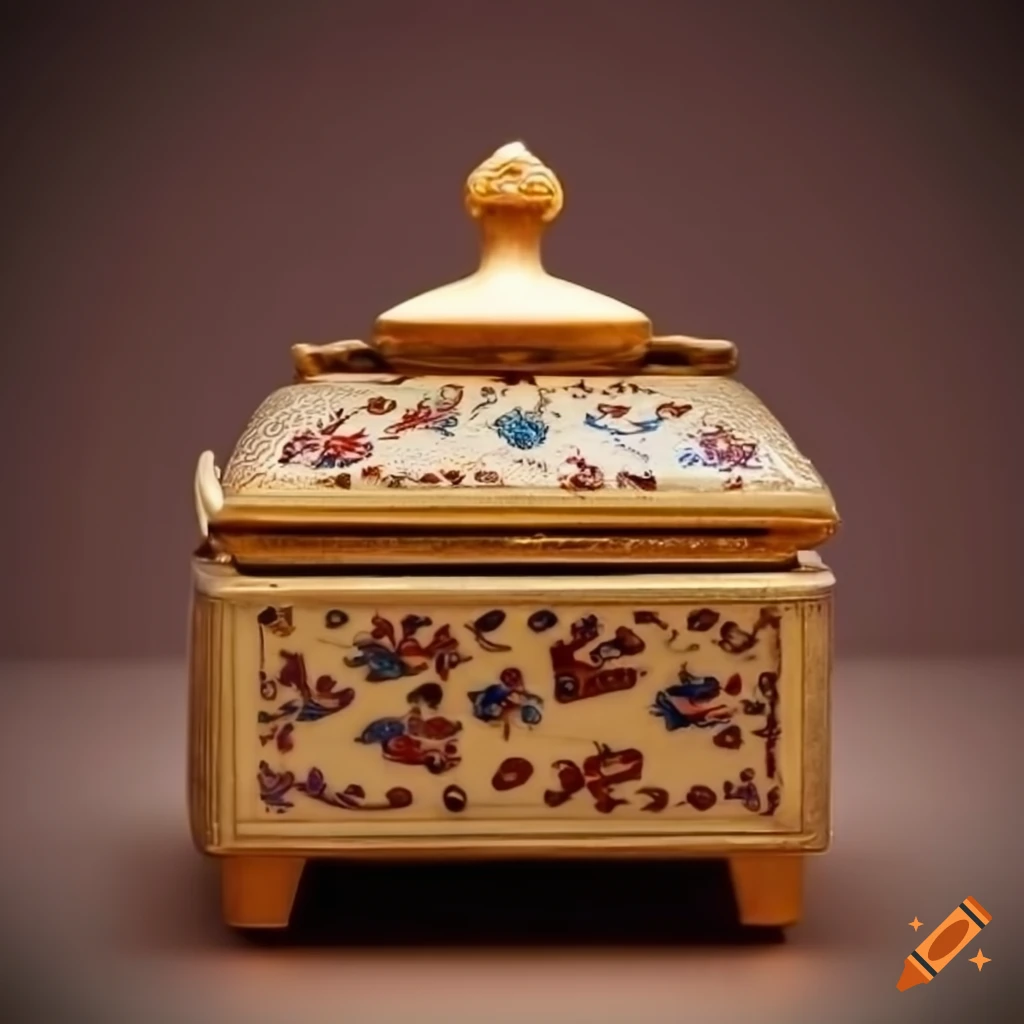 closeup of an open oriental music box with twirling figurine
