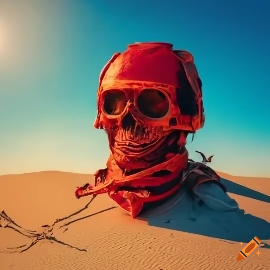 up-close image of a weathered skeleton in a red space suit in the desert