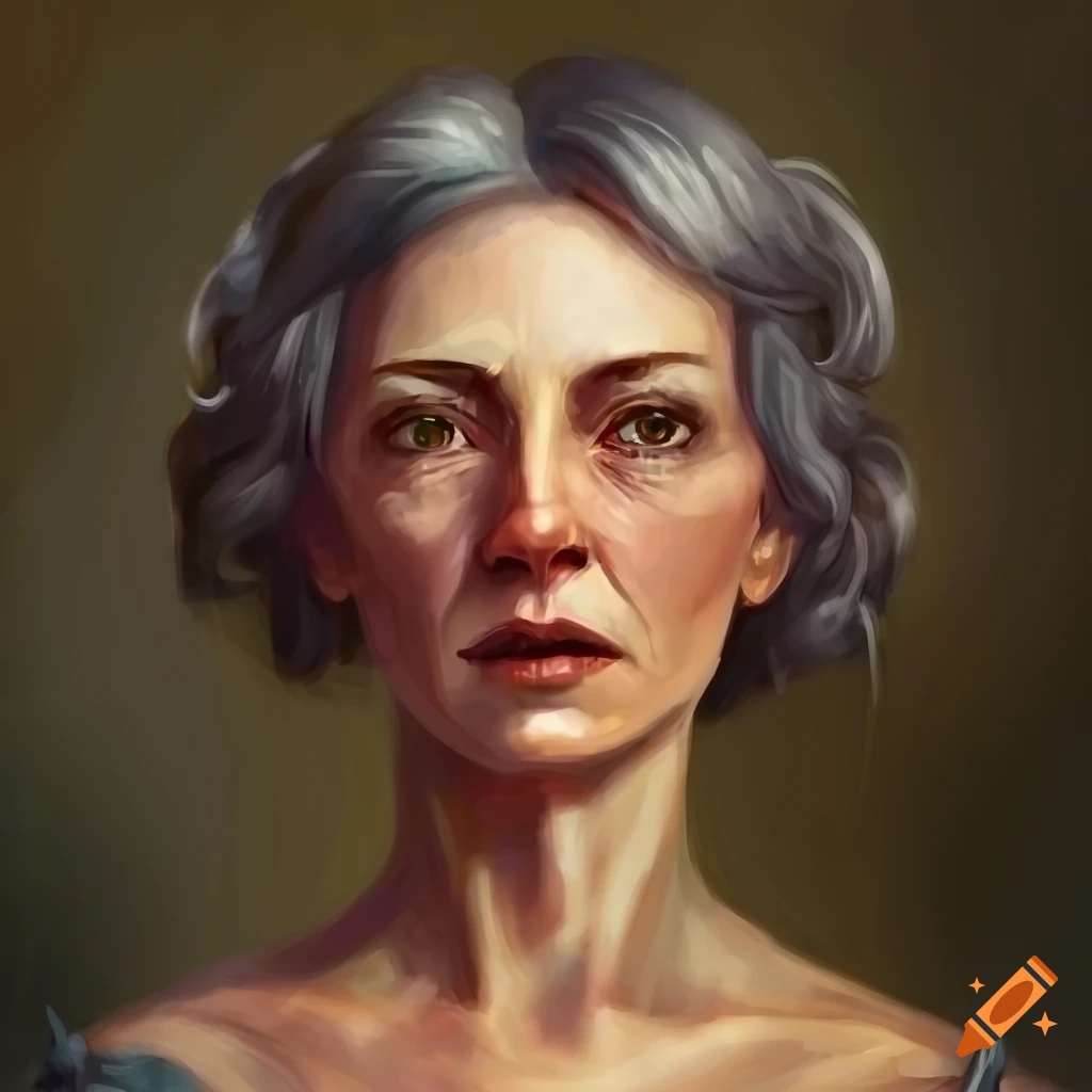 Symmetrical portrait of a middle-aged woman in a role-playing game