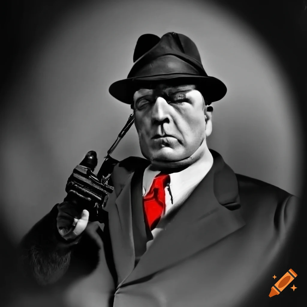 black and white fisheye photo of a mysterious mafia man with a gun