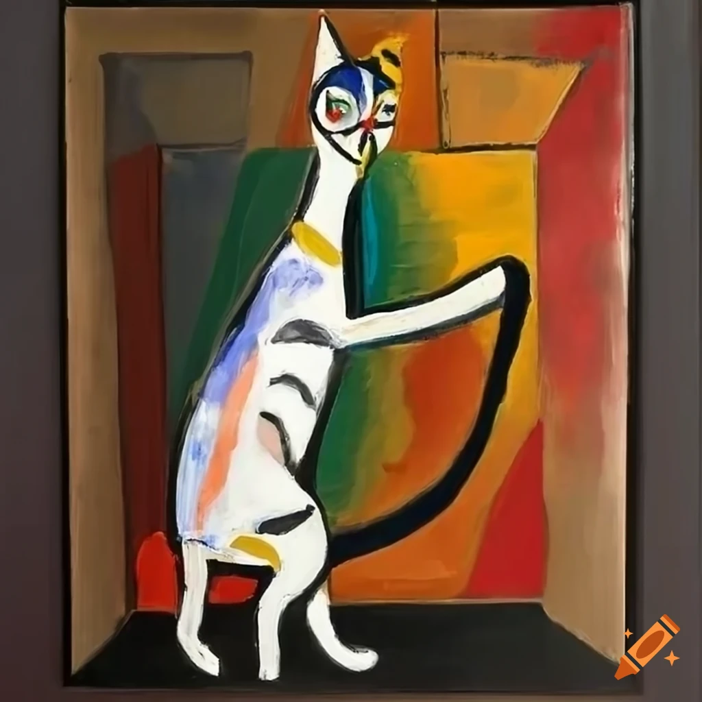 Picasso-style painting of a cat standing on two legs