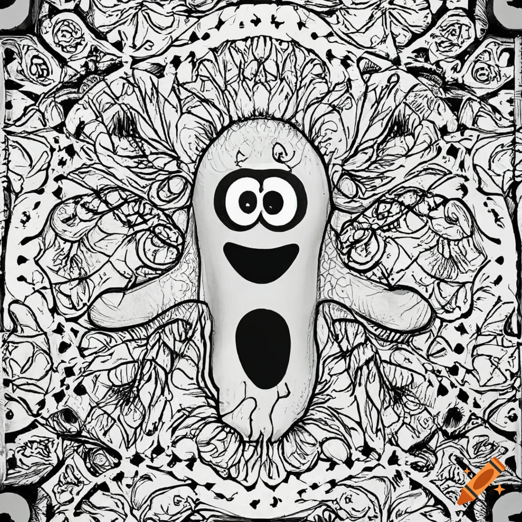 black and white ghost illustration with sacred geometry elements