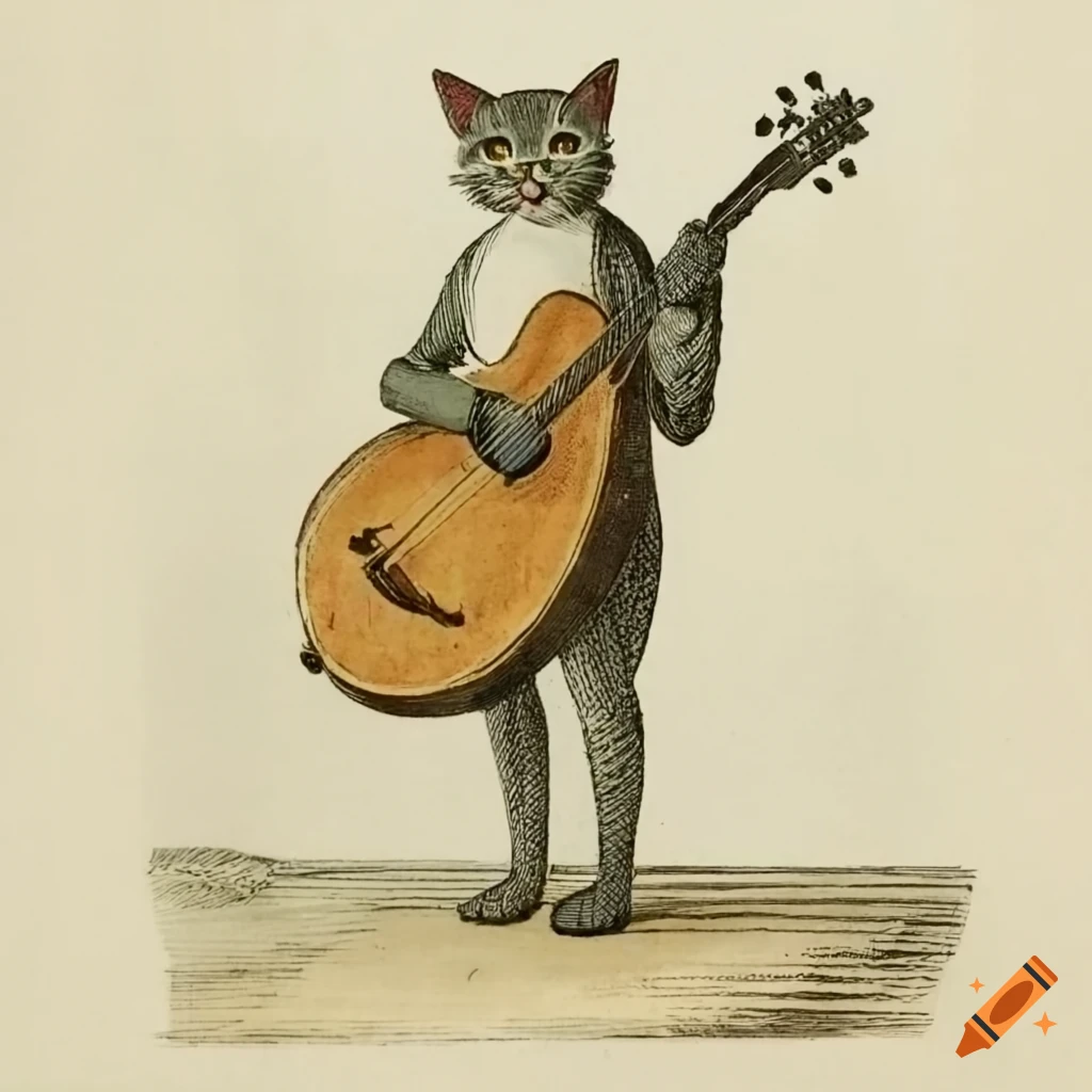 vintage illustration of a cat playing the banjo