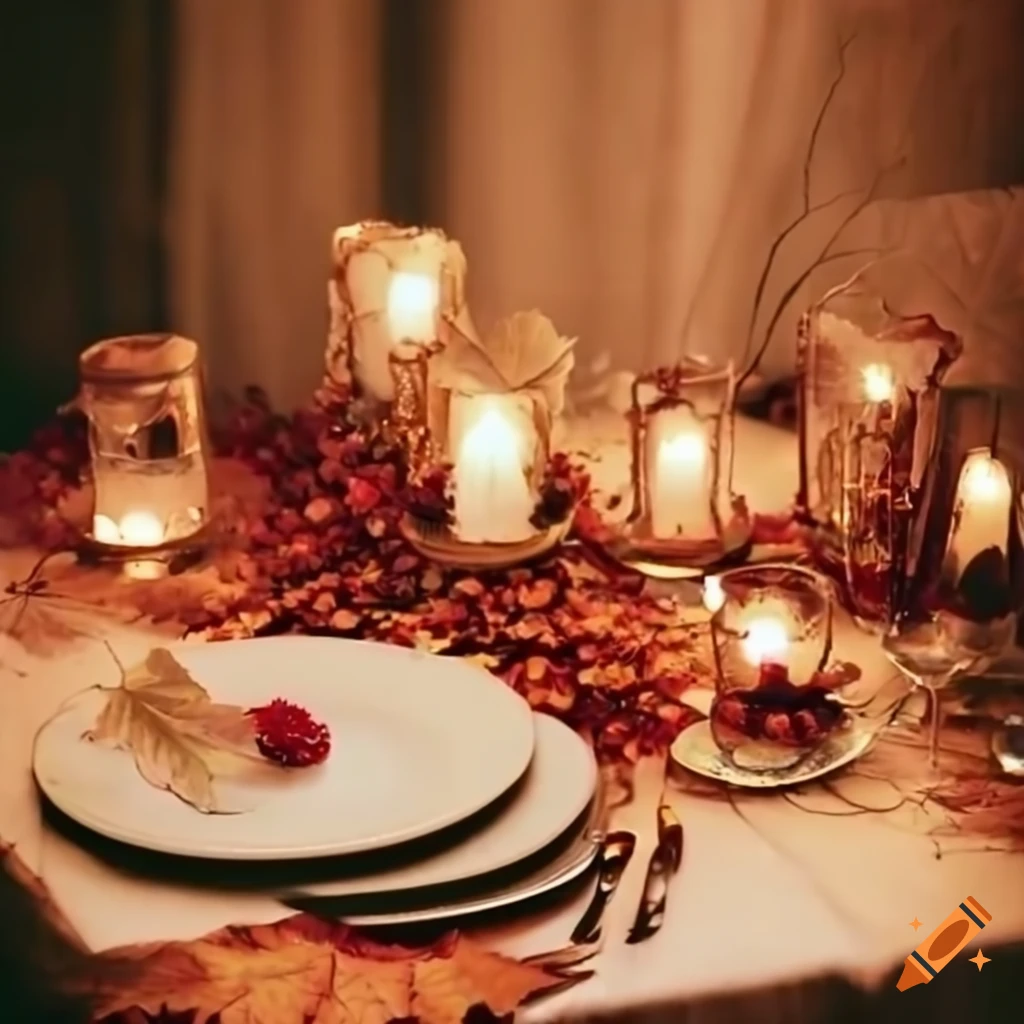 autumnal table setting with lanterns and magical lights