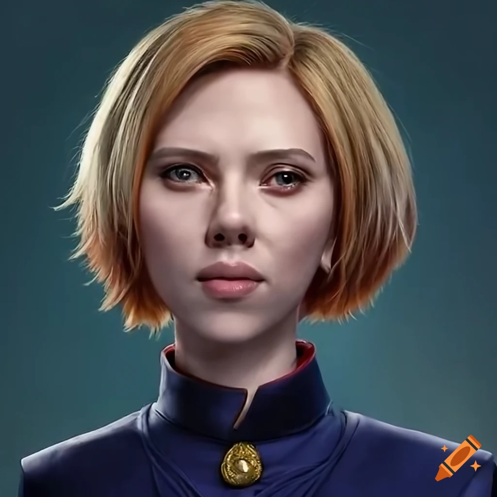 close-up portrait of Scarlett Johansson cosplaying Nobara Kugisaki