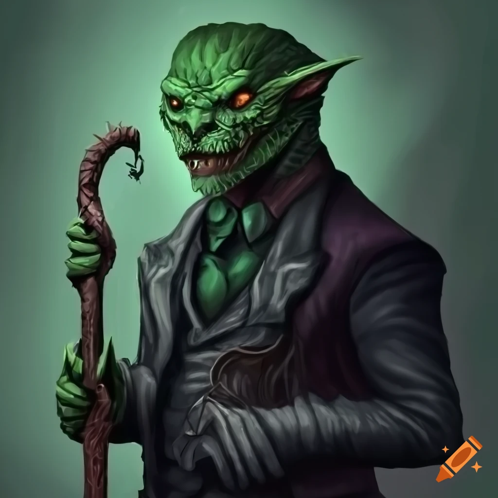 dapper dragonborn in a dark suit and cane