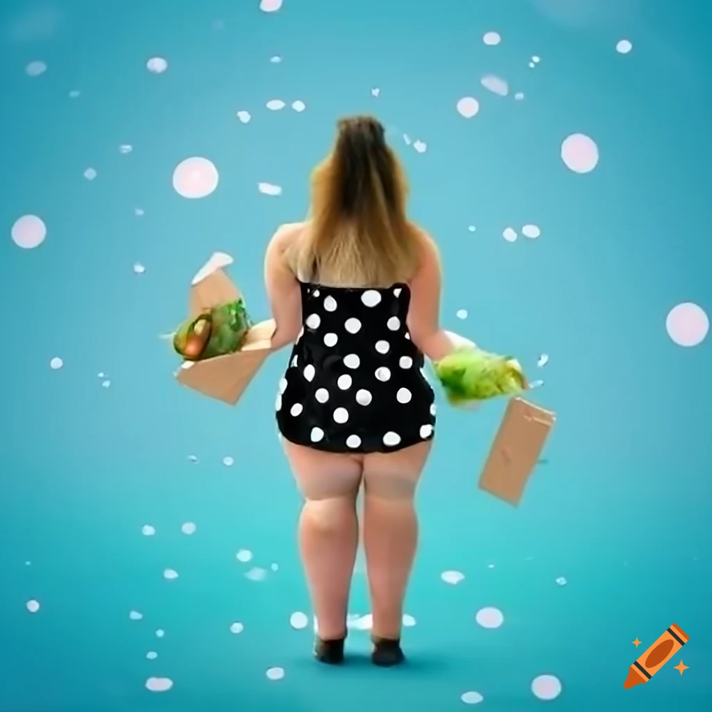 woman in black with white polka dots dress looking at vegetables in carton