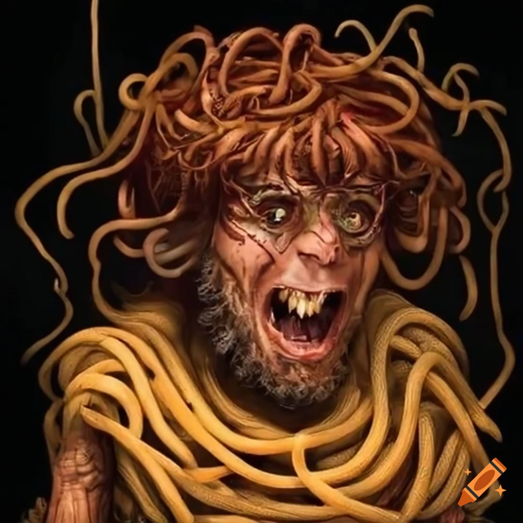 Satirical depiction of the flying spaghetti monster on Craiyon